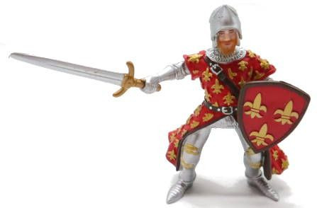 Papo Prince Phillip figure in Red with Gold Fleur De Lis accents and Sword and Shield - Front View