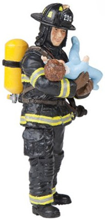 US Fireman holding Baby in Black Fire Suit