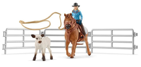 Schleich Toy Farm Life Playset - Cowgirl Team Roping Fun